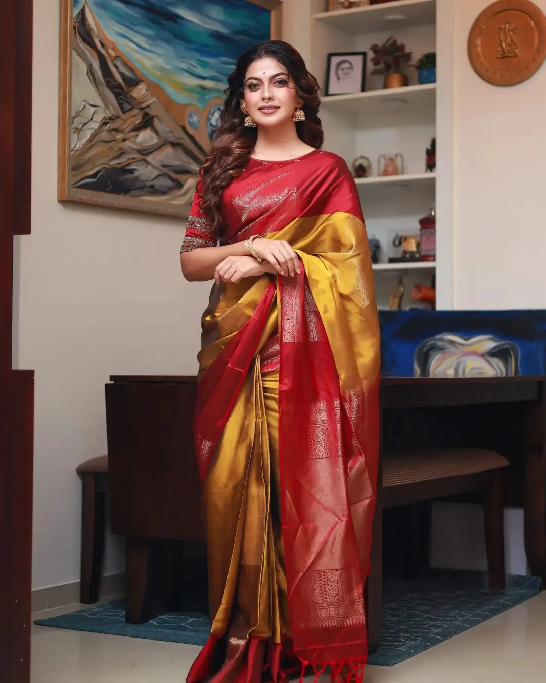 Indian Actress Anusree Nair in Red Color Saree Blouse